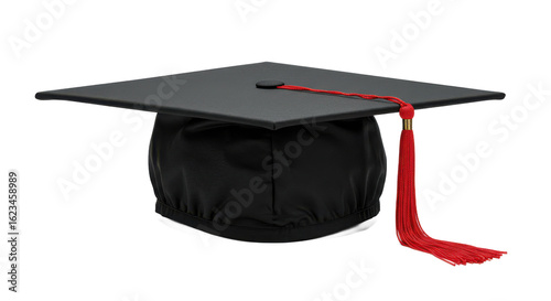 Black graduation cap with red tassel isolated on transparent background