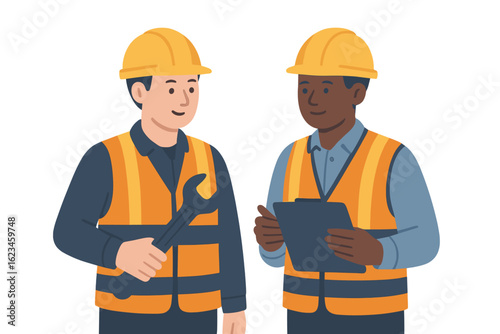 Two construction workers are discussing project plans while standing next to a large wrench
