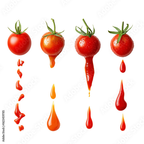 Five drops of tomato sauce or ketchup in different stages isolated in white background