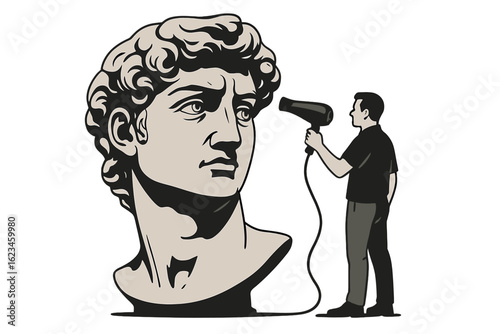 A sculptor is depicted working on a bust with a hammer and chisel in a studio setting