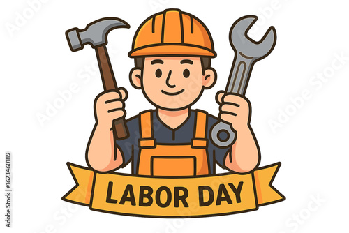 Vector illustration of workers' hands holding a wrench and hammer, wearing a yellow hard hat, with a banner, symbolizing labor union, worker rights, and May Day, available as a transparent  for