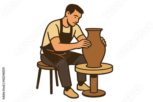 A talented craftsman is molding clay into a work of ceramic art on a spinning pottery wheel
