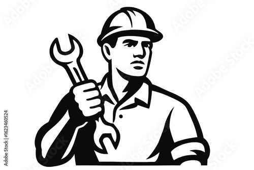A proficient worker grasping a power drill is depicted in a classic monochrome outline illustration for industrial purposes