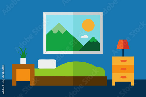 Flat design bedroom interior with bed nightstand and lamp