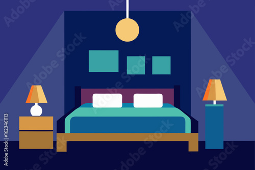 Modern flat design bedroom interior with bed and lamps