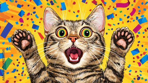 Surprised Tabby Cat with Wide Eyes and Open Mouth in Celebration
