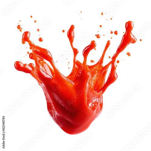 floating mid-air splash of tomato ketchup or sauce isolated background, with droplets scattered dynamic fluidity flavor food