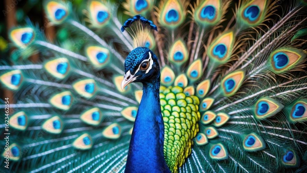 Obraz premium Peacock displaying its colorful feathers with vibrant blue and green hues.