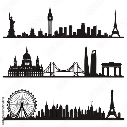City skyline silhouette vector bundle – major global cities (NYC, Paris, London, Tokyo) – detailed black shapes