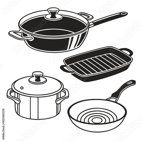 Cooking pot and pan silhouette set – saucepan, frying pan, Dutch oven, wok, pressure cooker, grill pan – side and top views