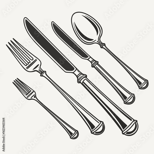 Cutlery silhouette bundle – fork, knife, spoon, butter knife, chopsticks, serving spoon – flat minimal black vector