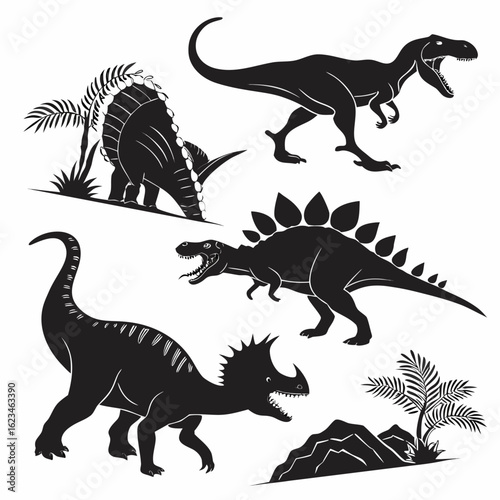 Dinosaur silhouette bundle – T-Rex, Triceratops, Velociraptor, Brachiosaurus, Stegosaurus – bold prehistoric vector set