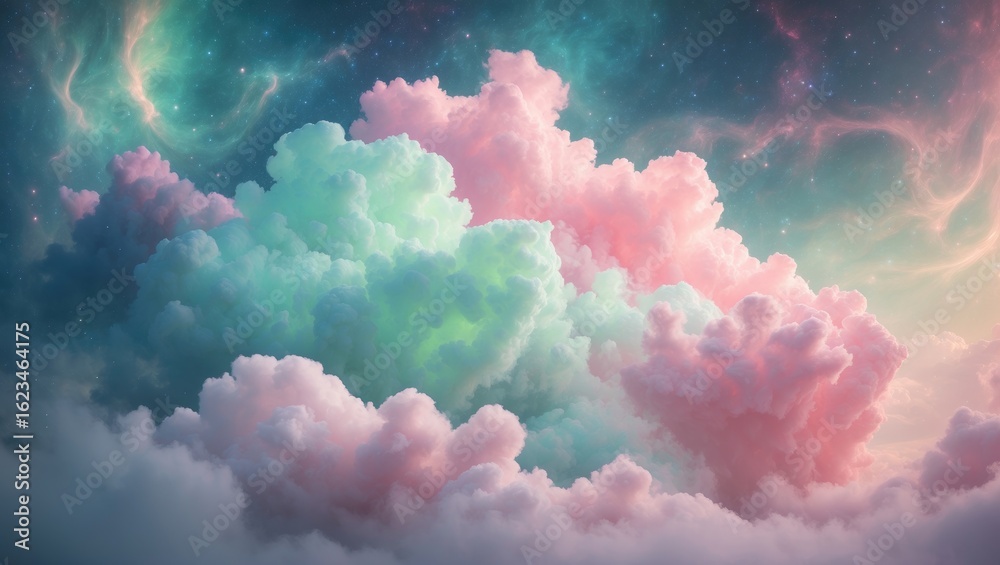 Fototapeta premium Colorful clouds in the sky with a cosmic background, featuring pink, green, and purple hues. Atmospheric and celestial scene with vibrant cloud formations.