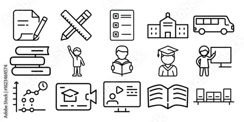 Collection of educational icons representing learning and school isolated on white background