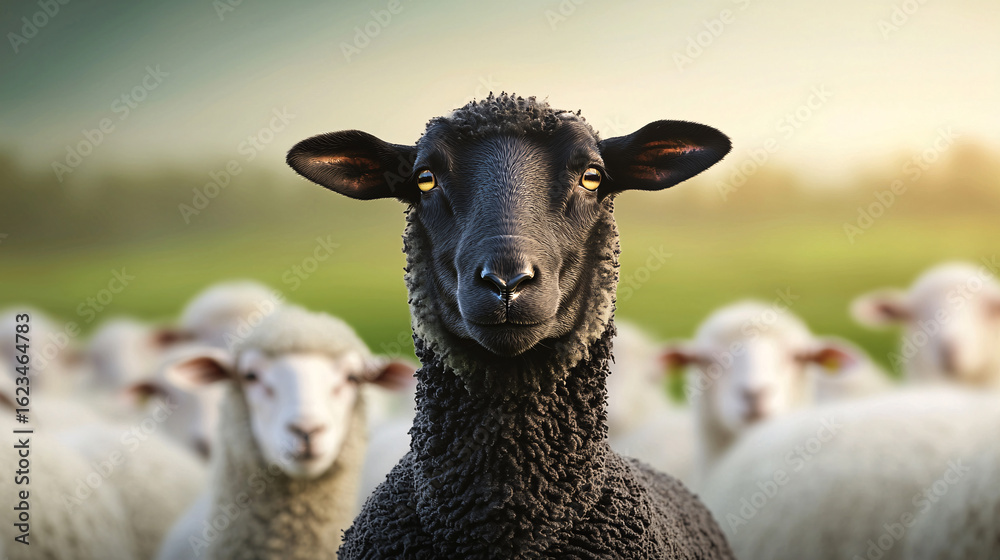 Fototapeta premium Portrait of a Black Sheep with Yellow Eyes in a Field