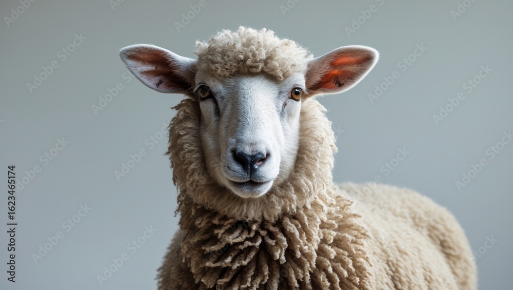 Fototapeta premium A sheep with fluffy wool and a calm expression, facing the camera against a plain background.