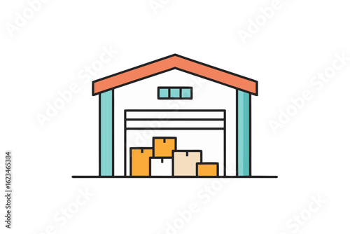 warehouse building thin line icon with roll up door symbol