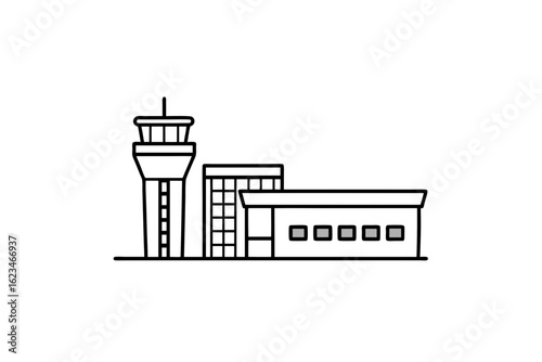 airport building outline icon with control tower for travel symbol