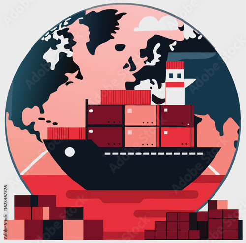 Large container ship is crossing global waters, showing modern international trade and transportation