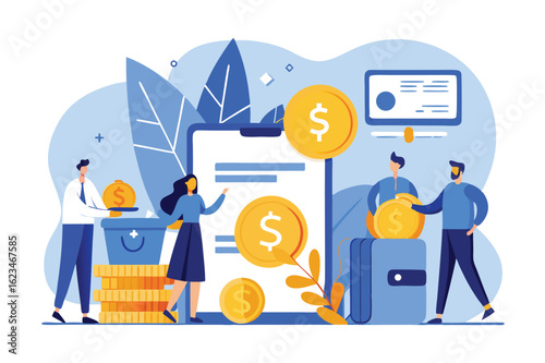 Diverse cartoon characters facilitate money transfer and savings with a digital interface easily on white