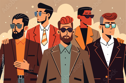 Diverse confident men are standing together wearing blazers and sunglasses, projecting professionalism and camaraderie