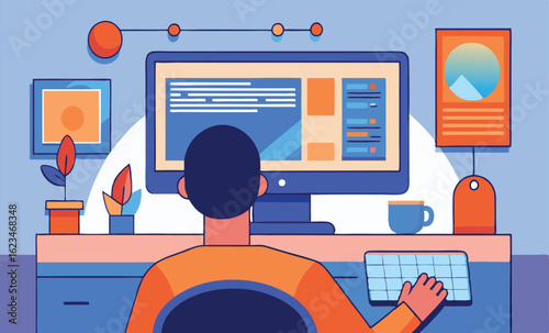 From behind, an individual works on a digital keyboard while viewing the monitor screen