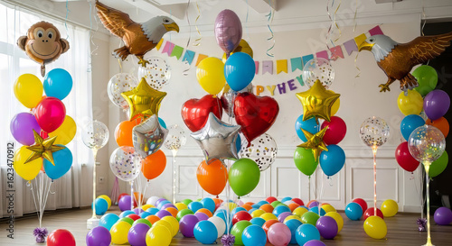 Wallpaper Mural A bright room lavishly decorated for a children's birthday party with colorful balloons, foil animal shapes, and a festive banner.
 Torontodigital.ca