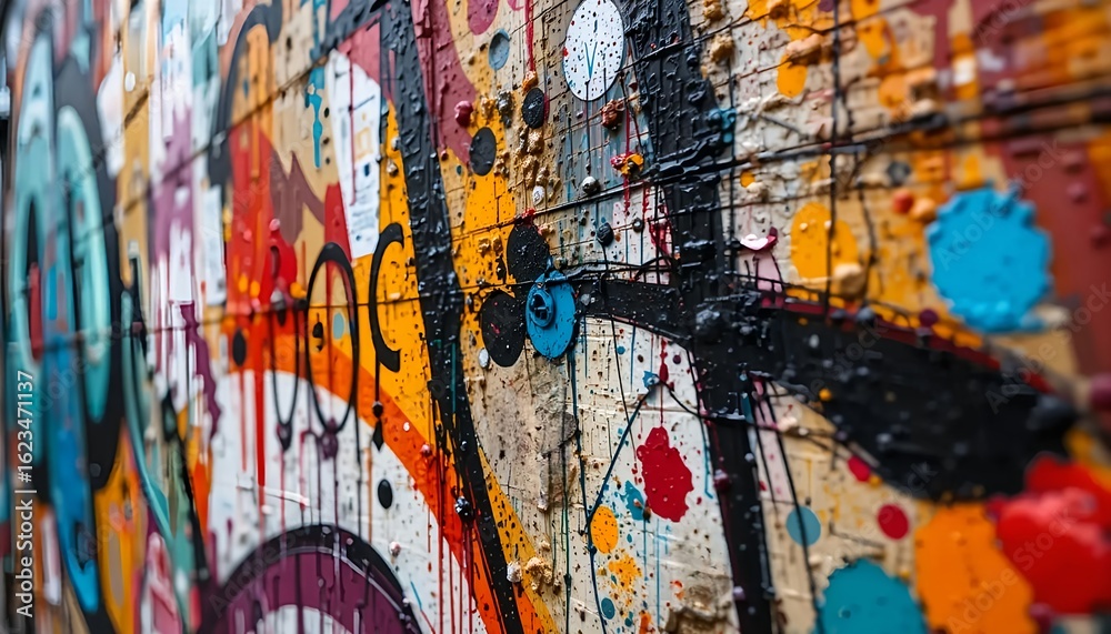 Obraz premium Graffiti-covered wall surface with chaotic color splashes and shapes, no words, textured urban art close-up.