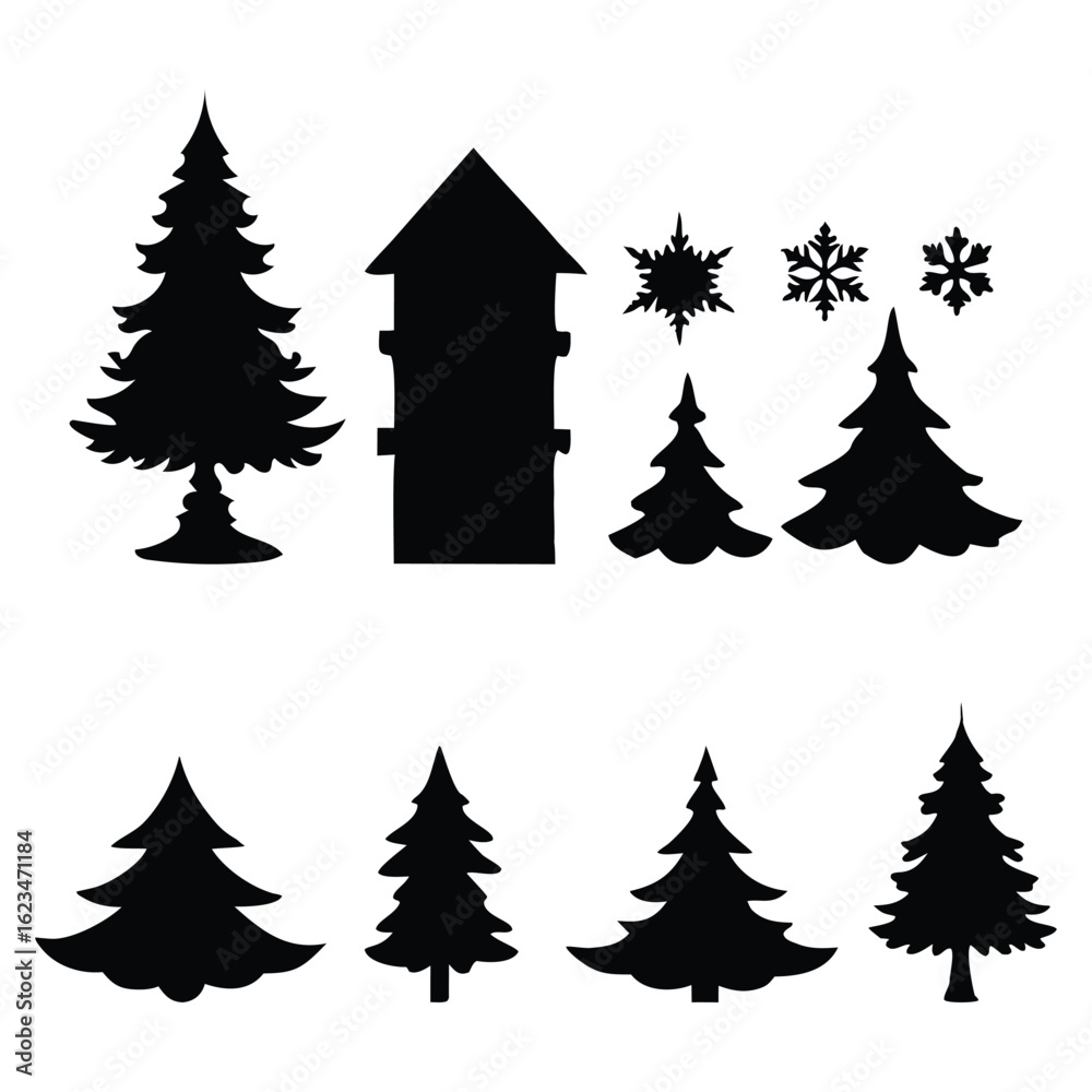 Obraz premium Set of vector Christmas trees with pine and fir trees in winter holiday landscape design