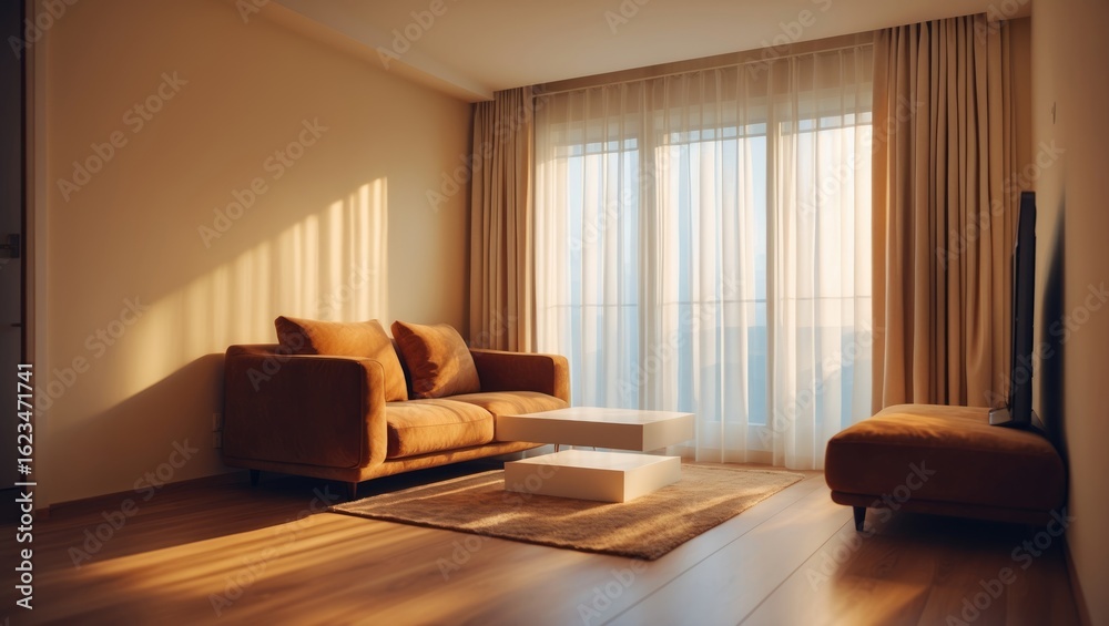 Obraz premium A living room with a brown sofa, ottoman, curtains, and sunlight streaming through large windows.
