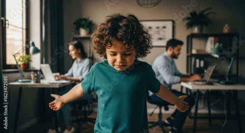 Child in home office, parents working
