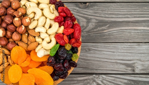 Assorted nuts and dried fruits arranged attractively on wooden surface creating wholesome snack concept