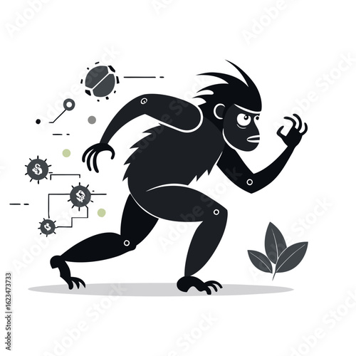 Silhouette of Coding Ape Dodging Bugs During Programming Sprint – Funny Developer Vector Art for Tech, Software, and Coding Projects