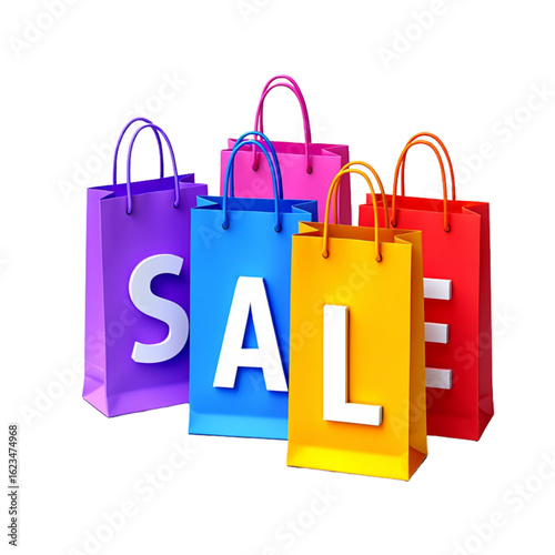 Colorful shopping bags spell out sale on black background
