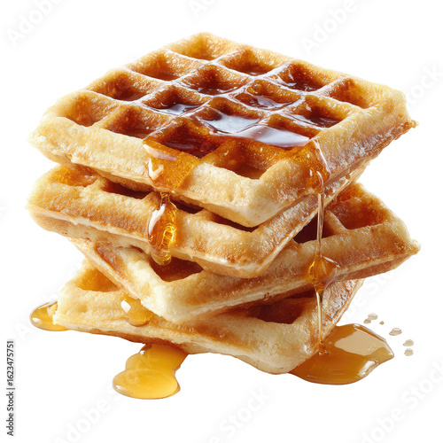 Stack of golden waffles drenched in syrup