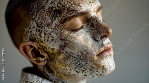 Futuristic Portrait of a Man with Circuitry Face Paint: Exploring Human-Machine Integration in Modern Art
