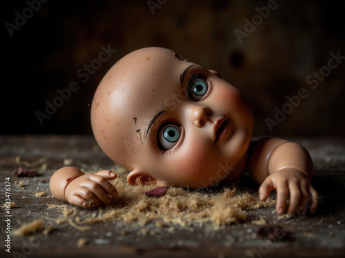 Doll head lying on wooden surface with shavings and dim lighting  