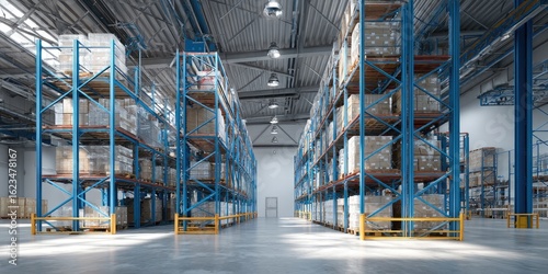 Spacious warehouse interior with high racking systems