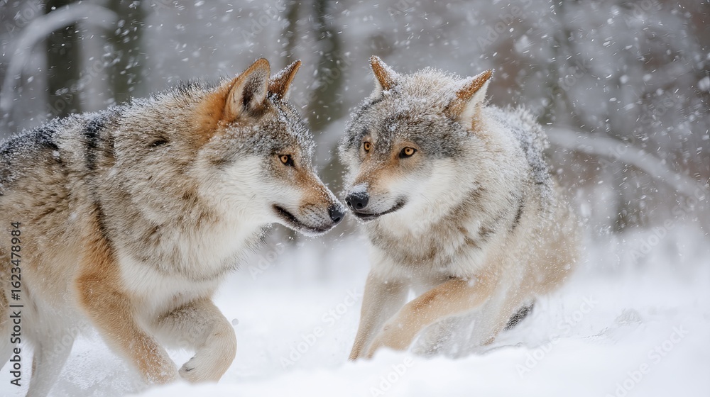 Fototapeta premium Two wolves playfully interact in a snowy forest, showcasing their strength and beauty.