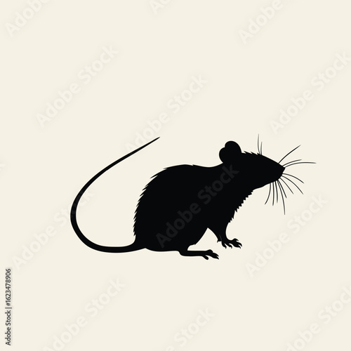 Vector illustration of a black mouse silhouette with a long tail and whiskers on a light background