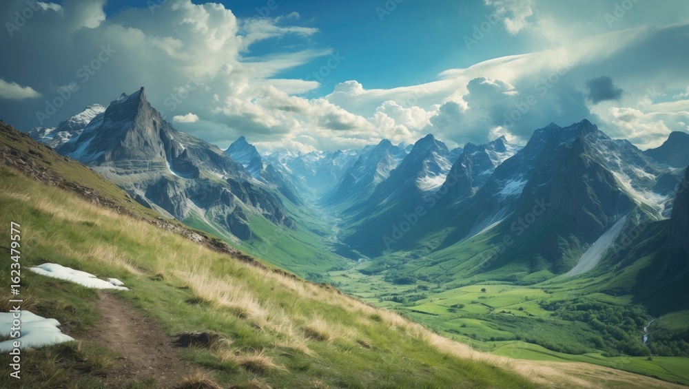 Fototapeta premium Mountain landscape with steep peaks and green valley, scenic nature, rugged terrain, and cloudy sky.