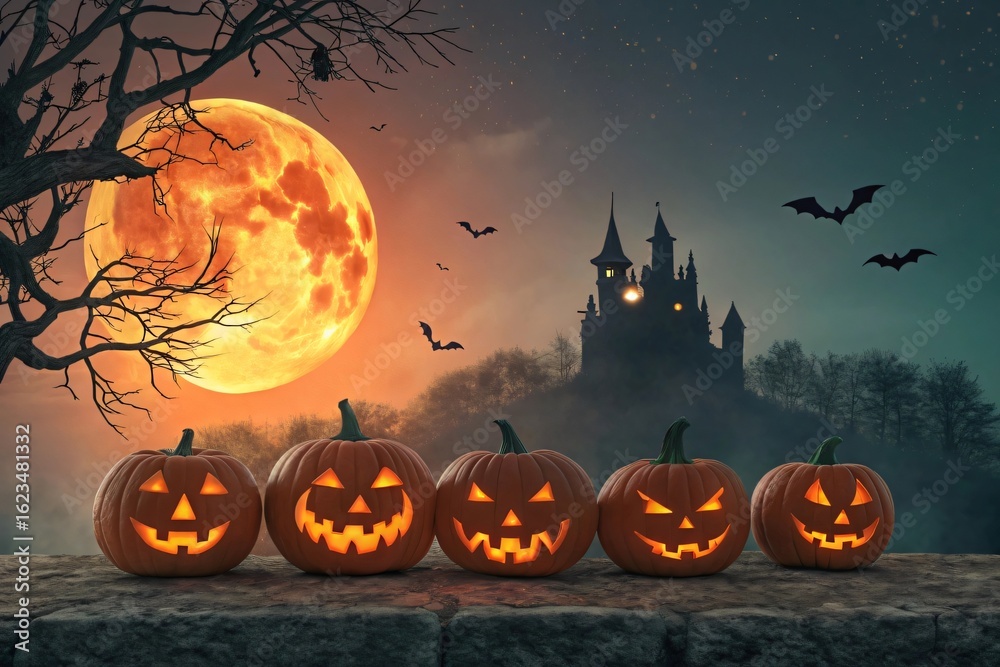 Spooky halloween night with carved pumpkins and a haunted castle under a full moon Spooky halloween night with carved pumpkins and a haunted castle under a full moon