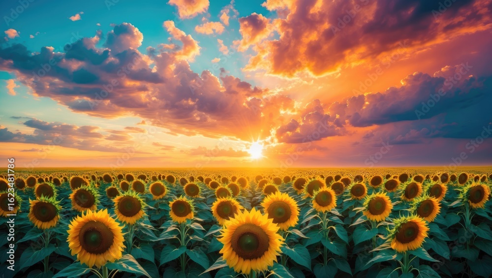 Obraz premium Sunflower field at sunset with vibrant clouds and a warm glow on the horizon during dusk. Agriculture and nature, scenic landscape. The beauty of sunflowers at sunset.