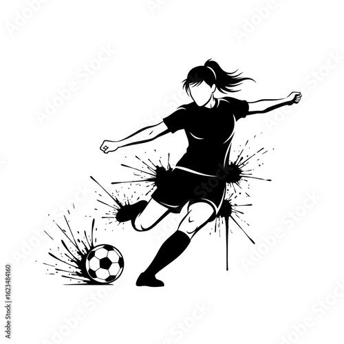 Silhouette of a female soccer player kicking a ball with ink splatter effect