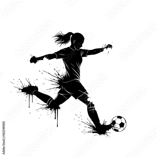Silhouette of a female soccer player kicking a ball with paint splatter effect