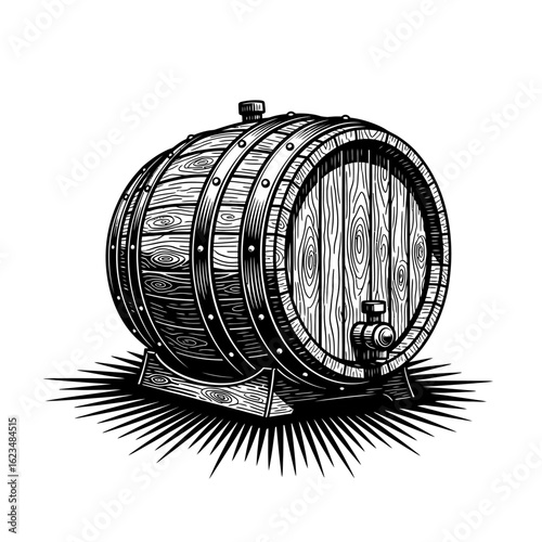 A detailed black and white drawing of a wooden barrel with metal bands on it