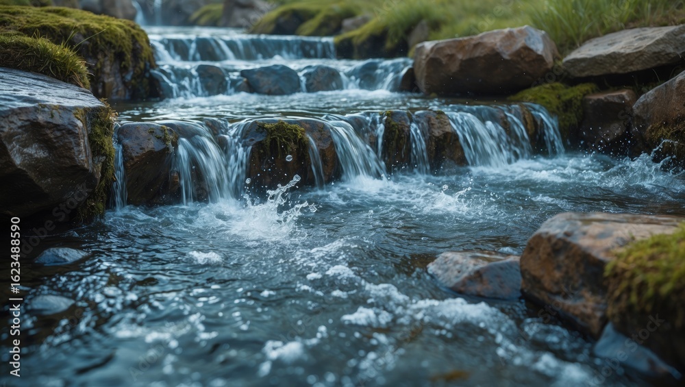 Fototapeta premium Flowing stream with waterfalls and rocks in a natural setting. Nature and water, landscape. The scene of a flowing creek with waterfalls and stones.