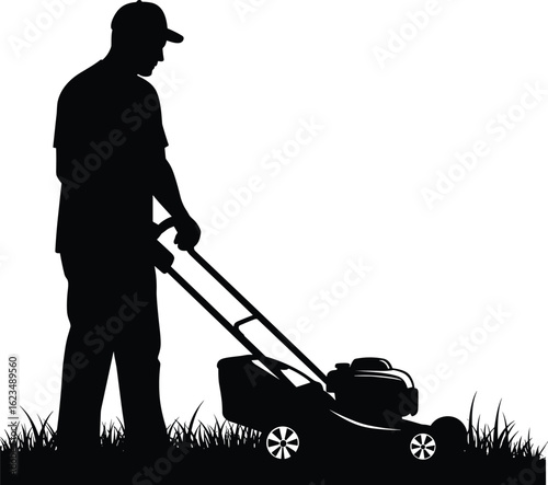 Silhouetted Man Mowing a Lawn with a Push Mower, Working in the Yard, Against a Clean, Simple White Background.