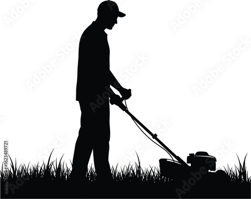 Silhouetted Man Mowing a Lawn with a Push Mower, Working in the Yard, Against a Clean, Simple White Background.