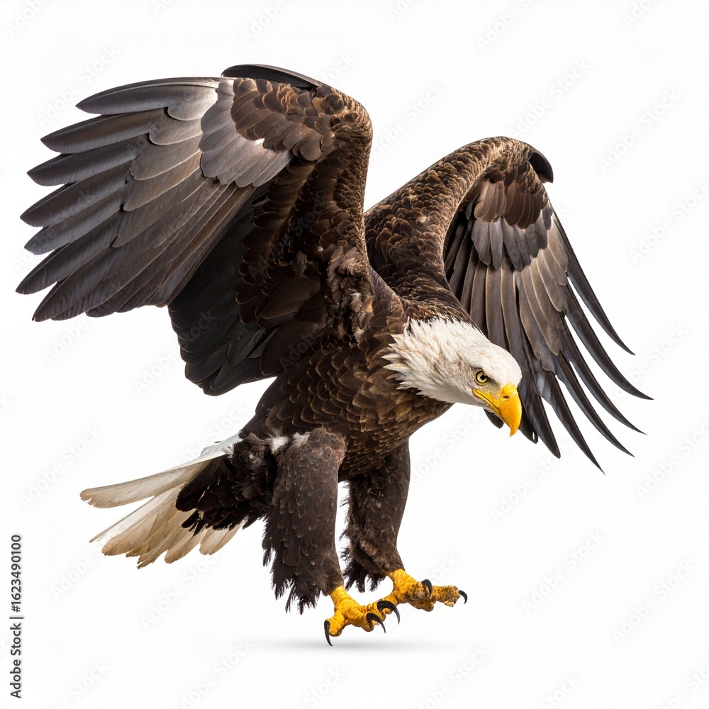 Fototapeta premium Majestic Bald Eagle Landing Isolated on White Background.